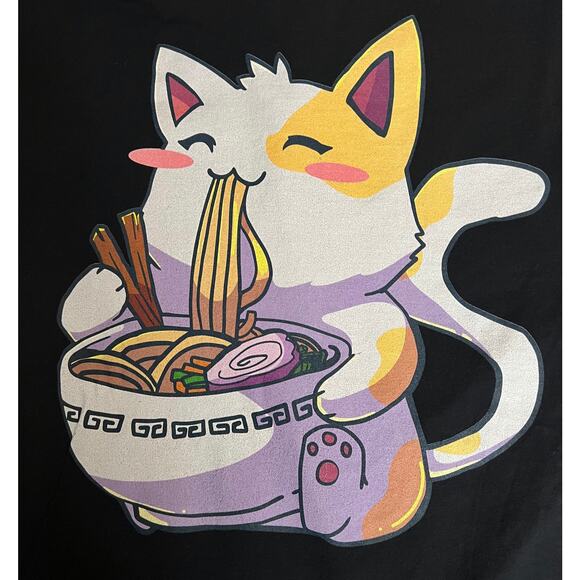 Cat Eating Ramen Graphic Tee - Cute Food Anime Style - 2XL Black T-Shirt - Picture 3 of 11
